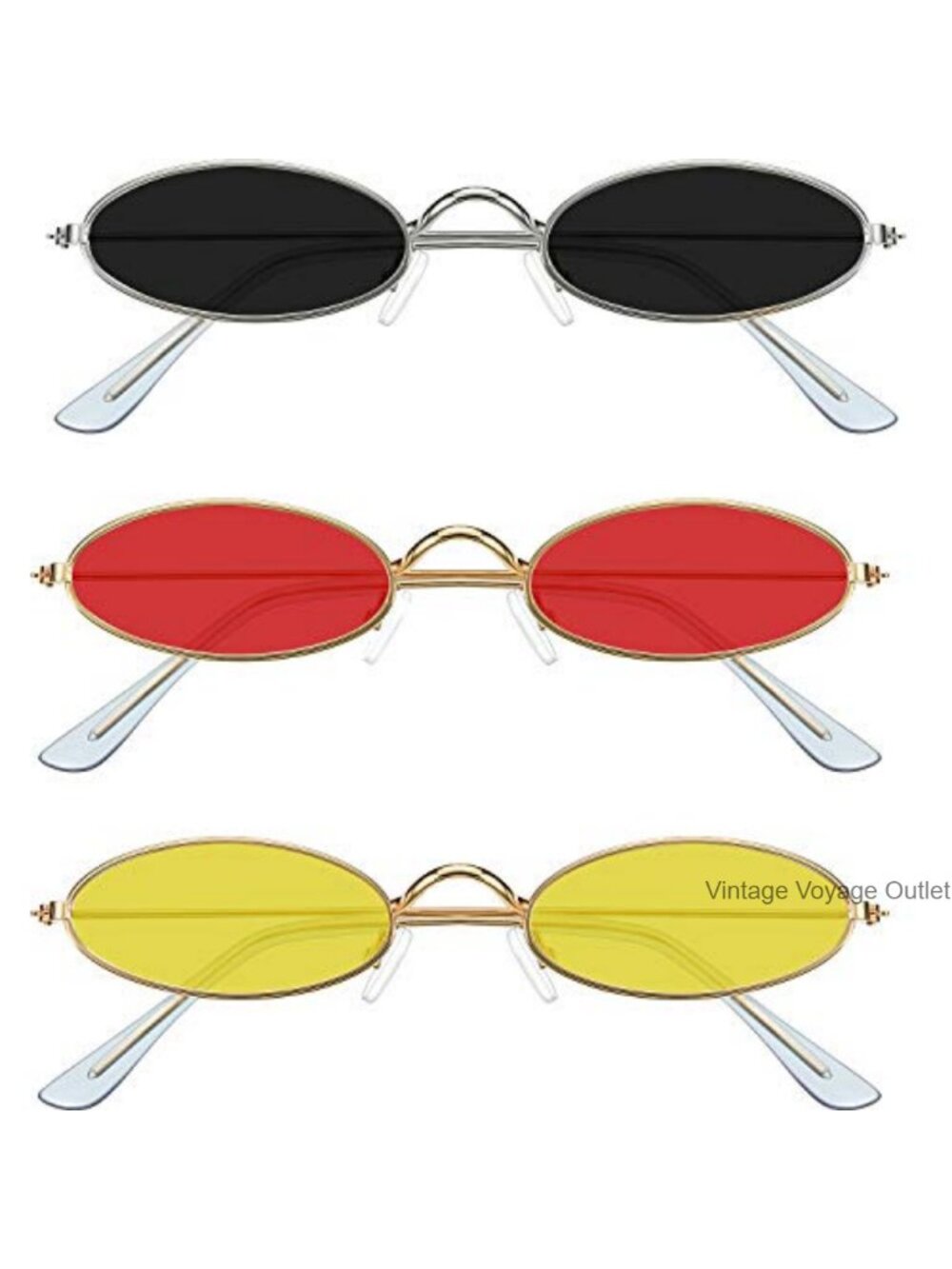 3 Pc Vintage Oval Metal Frame Slim Sunglasses Retro UV Protection